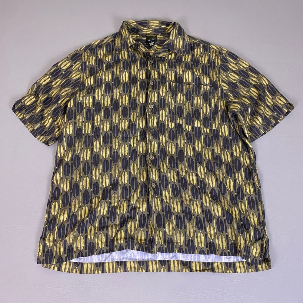 Reunion Menswear Rayon Button Up Shirt Mens Medium Geometric Abstract Olive Navy